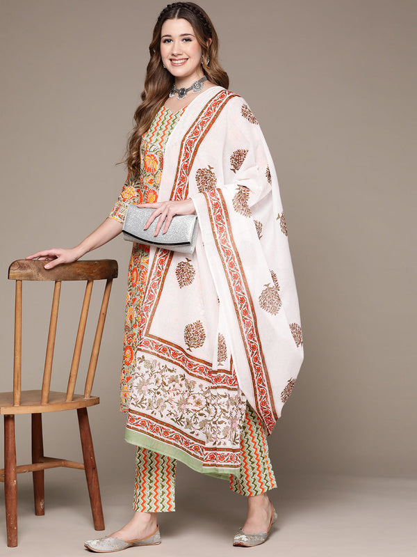 Women's Sage Green Handwork Floral Print Kurta Set with Trousers and Dupatta - Anubhutee