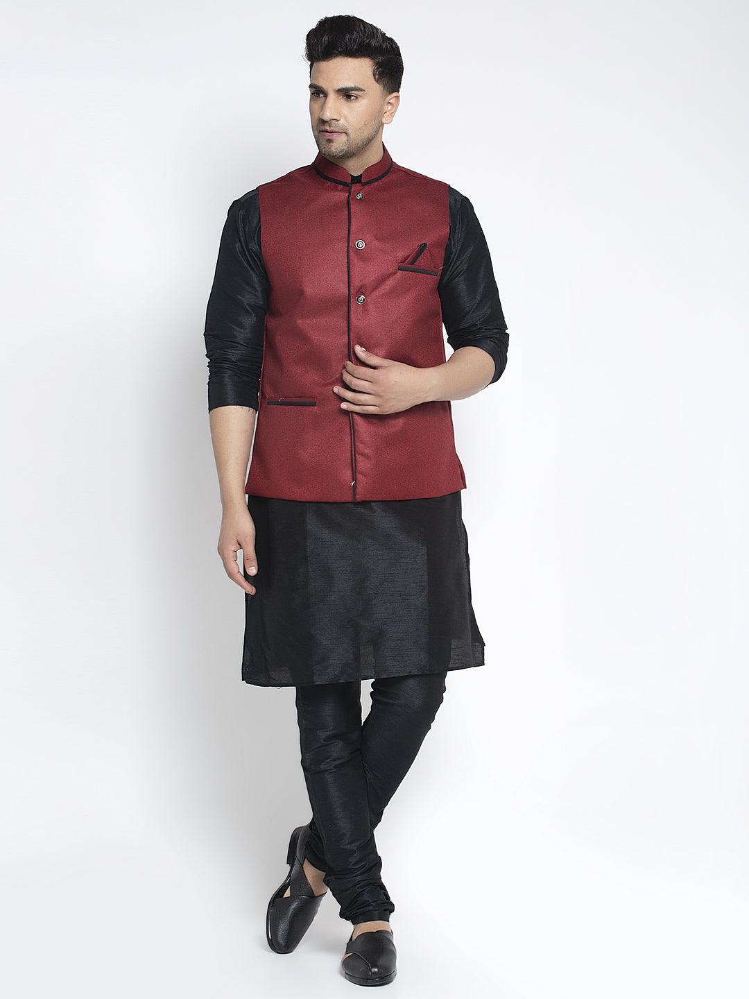 Men's Silk Blend Black Kurta With Pyjama & Maroon Nehru Jacket - Benstoke - Indiakreations