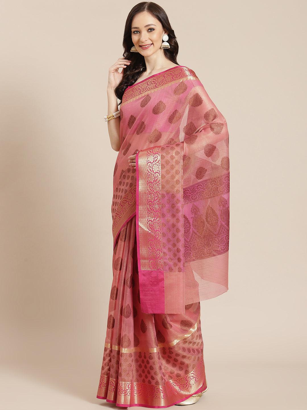 Women's Peach Cotton Silk Saree - Varanasi - Indiakreations