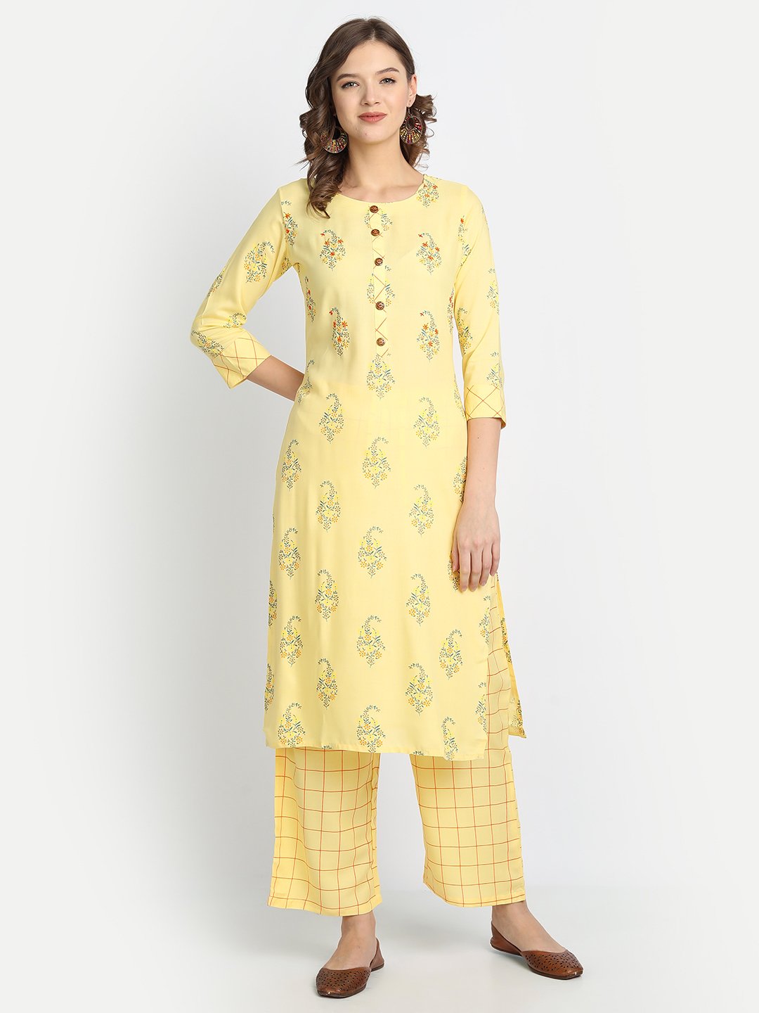 Women's Yellow Ethnic Motifs Printed Kurti with Trousers - Anubhutee