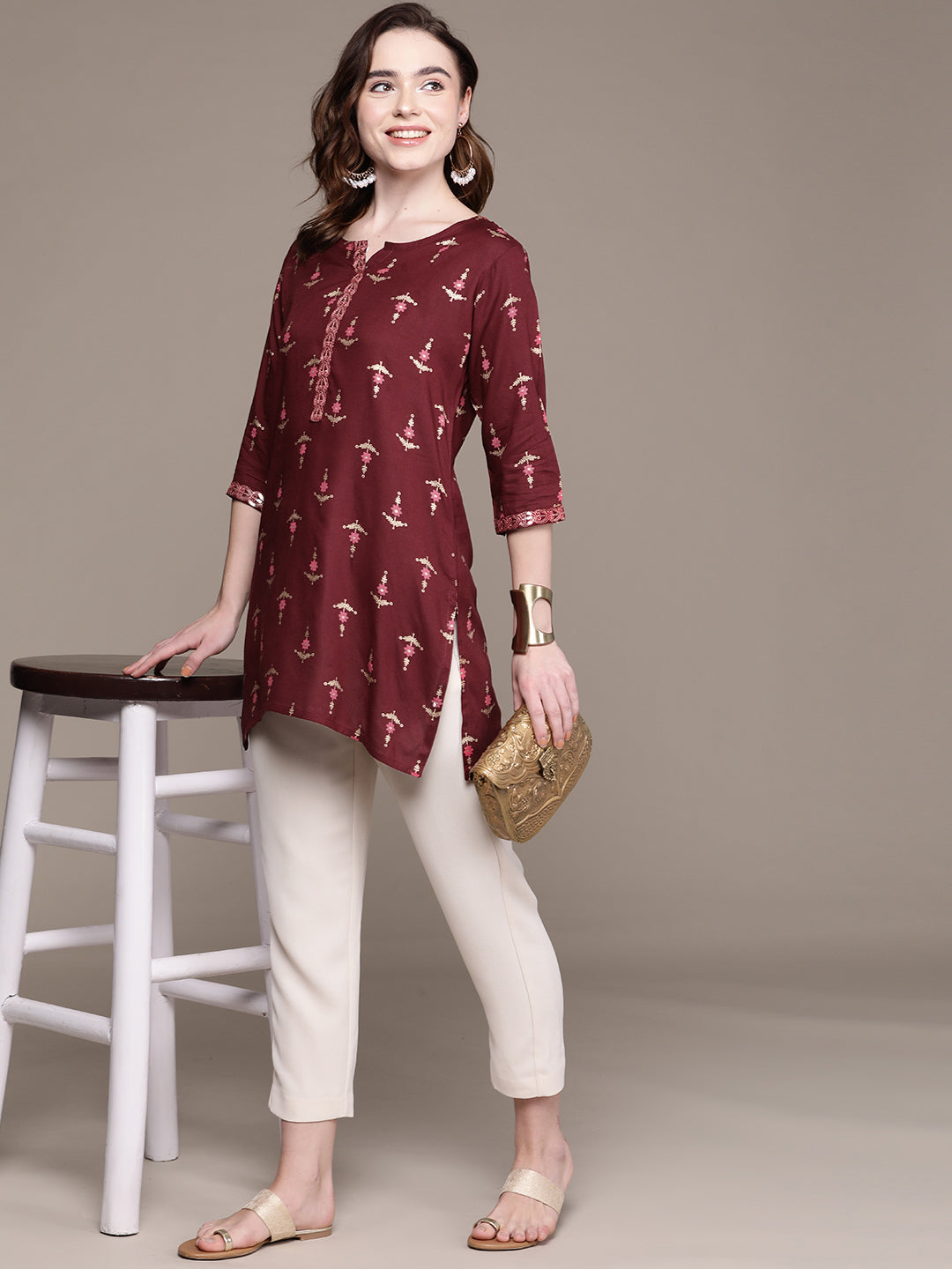 Women's Maroon Off White Ethnic Motifs Printed Kurti - Anubhutee