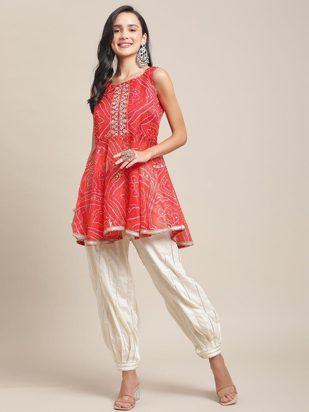 Red And Gold Bandhej Foil Printed Tunic With Zari Embroidery And Gota Embellished Dhoti Pants - Indiakreations