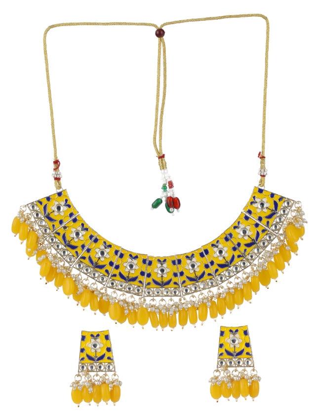 Women's Gold-Plated Yellow Meenakari & Pearl Beaded Choker Jewellery Set - Jazz And Sizzle - Indiakreations