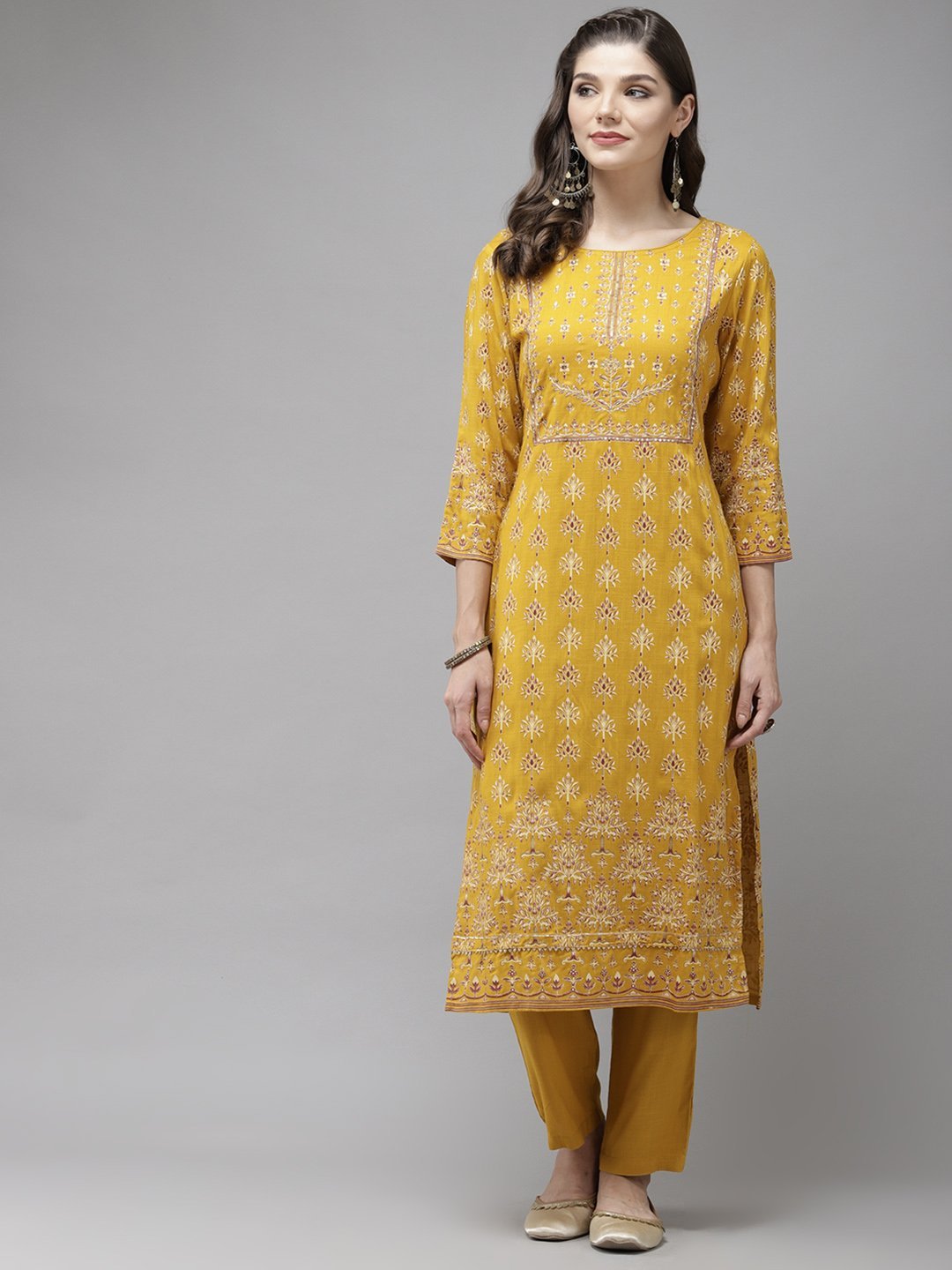 Women's Mustard Yellow  Maroon Printed Kurta with Trousers - Anubhutee