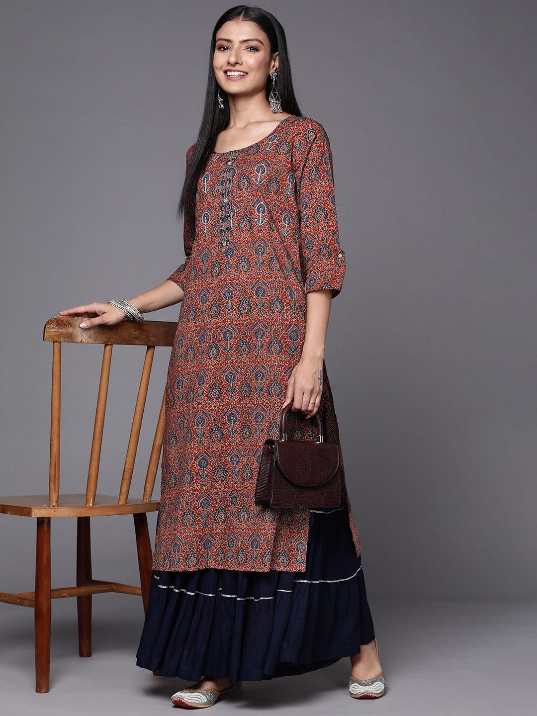 Varanga Women Rust & Blue Ethnic Motifs Printed Indie Prints Kurta - Indiakreations