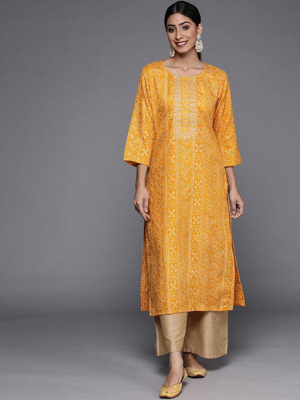 Varanga Women Mustard Yellow Bandhani Print Mirror Work Kurta - Indiakreations