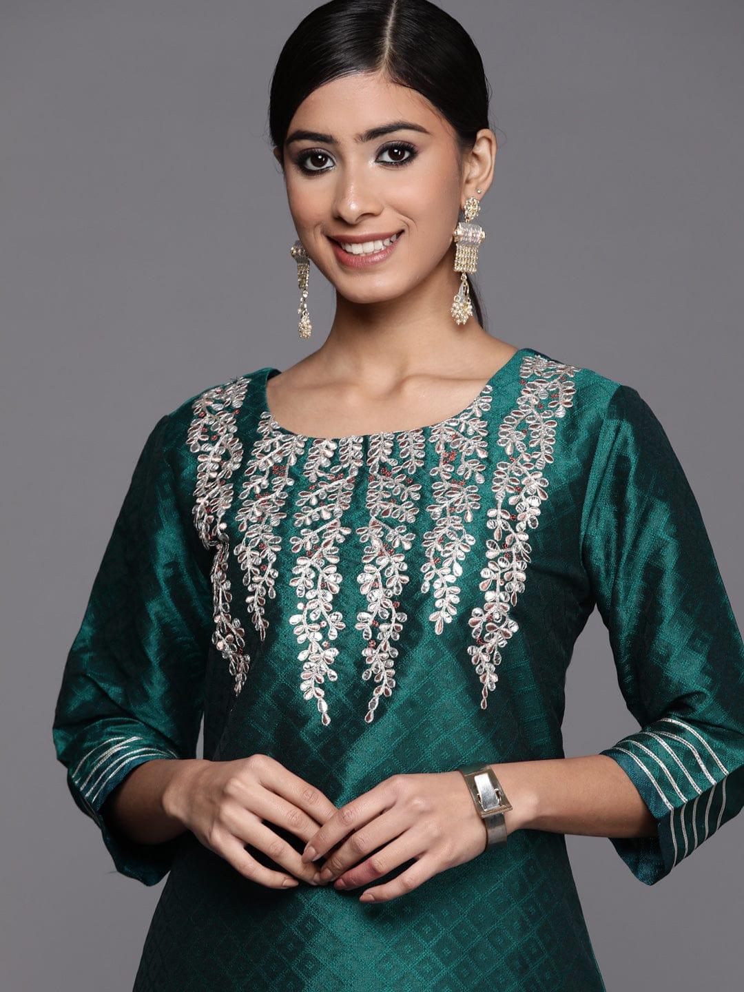 Varanga Women Green & Golden Floral Yoke Design Gotta Patti Jacquard Kurta - Indiakreations