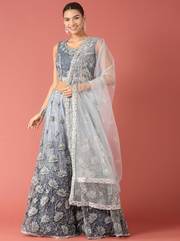 Women's Blue Net Sequinse Work Fully-Stitched Lehenga & Stitched Blouse, Dupatta - Panchhi