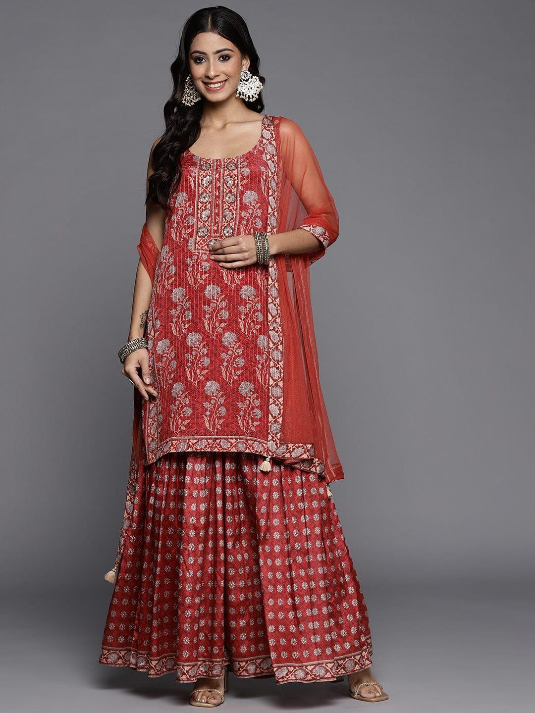 Varanga Women Red Ethnic Motifs Printed Sequinned Kurta with Sharara & Dupatta - Indiakreations