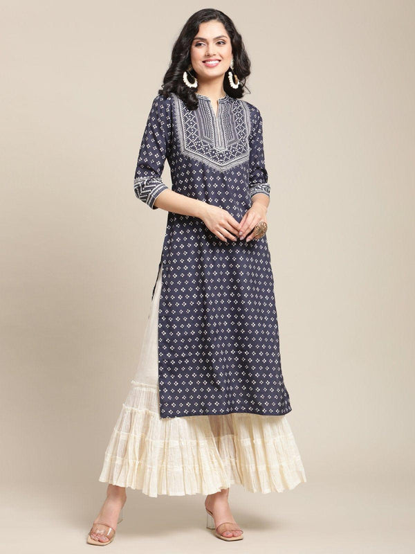 Navy Blue Bandhej Printed Kurta With Gota Embellishment On Yoke - Indiakreations