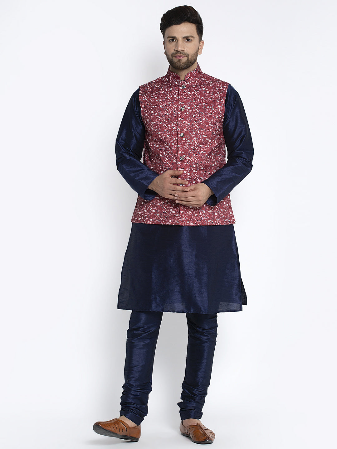 Men's Silk Blend Navy Blue Kurta With Pyjama & Maroon Printed Nehru Jacket - Benstoke