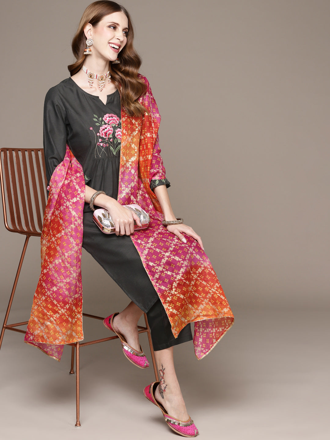 Women's Dark Grey Embroidered Kurta Set With Trousers And Dupatta - Anubhutee