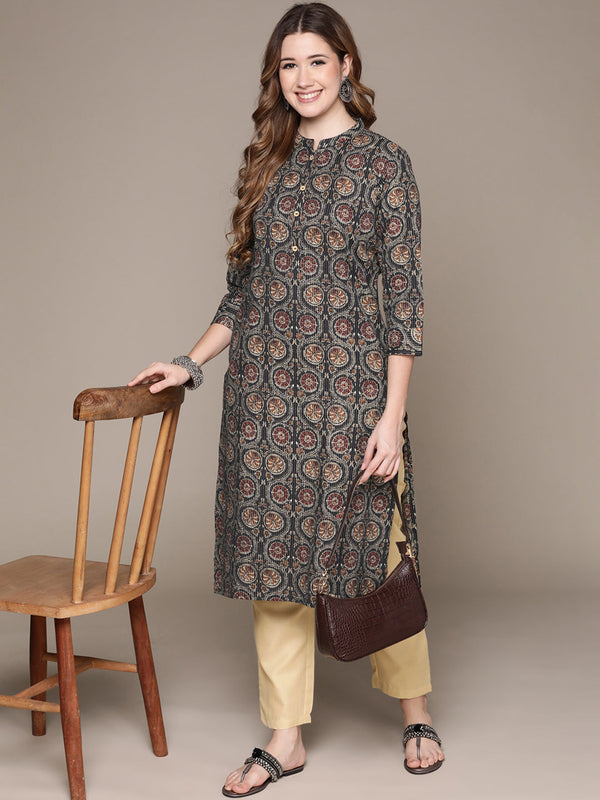 Women's Black Cotton Kantha Kurta Set with Trousers - Anubhutee