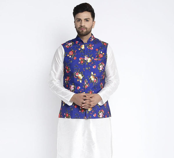 Men's Blue & Multi Printed Nehru Jacket - Benstoke - Indiakreations