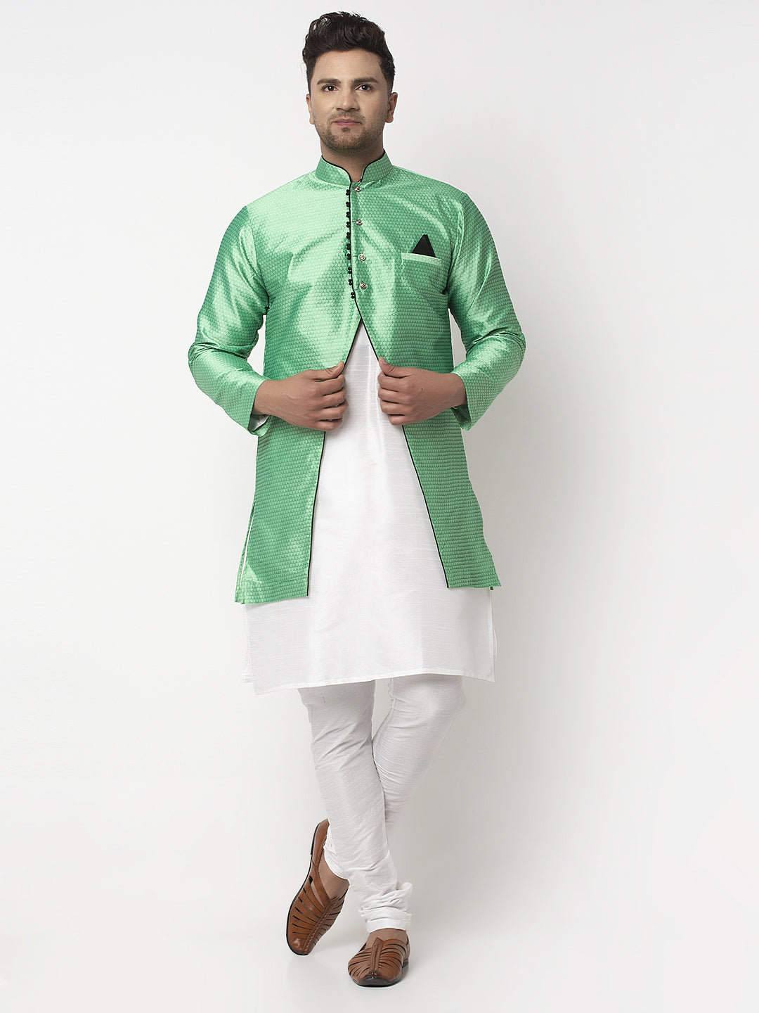 Men's White Kurta With Pyjama & Sea Green Self Design Jacket - Benstoke