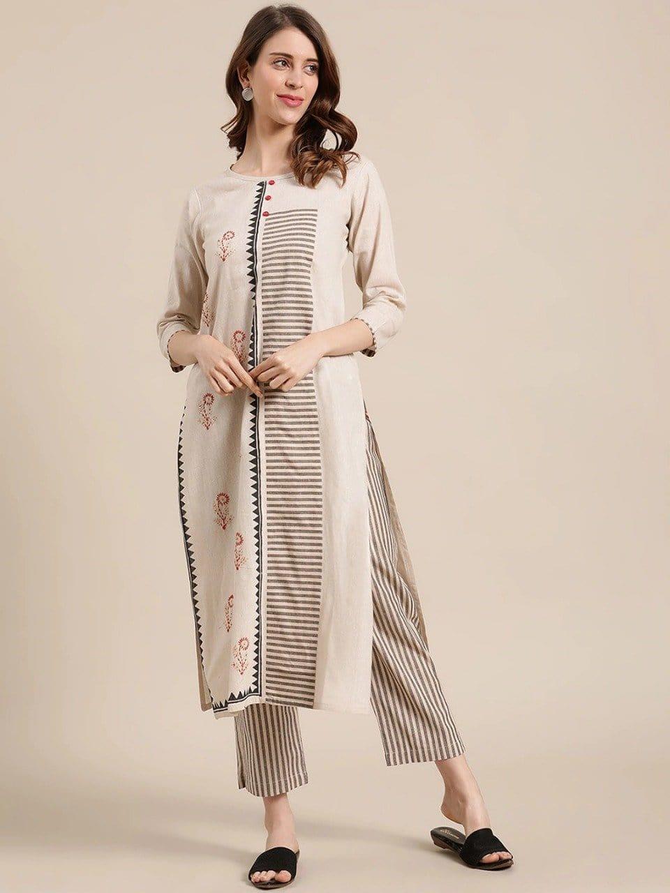 KSUT Women Beige Printed Regular Straight Kurta with Trousers - Indiakreations