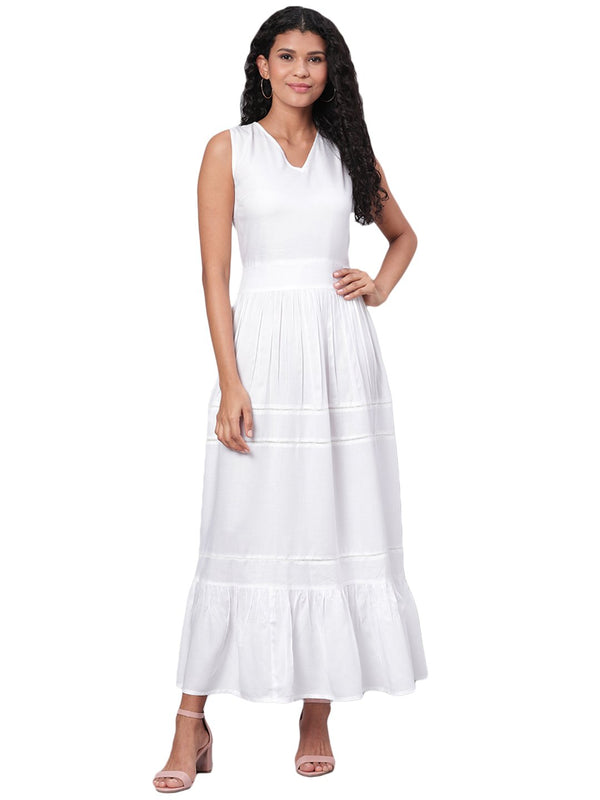 Women's White Solid Sleeveless Cotton V Neck Casual Dress - Myshka