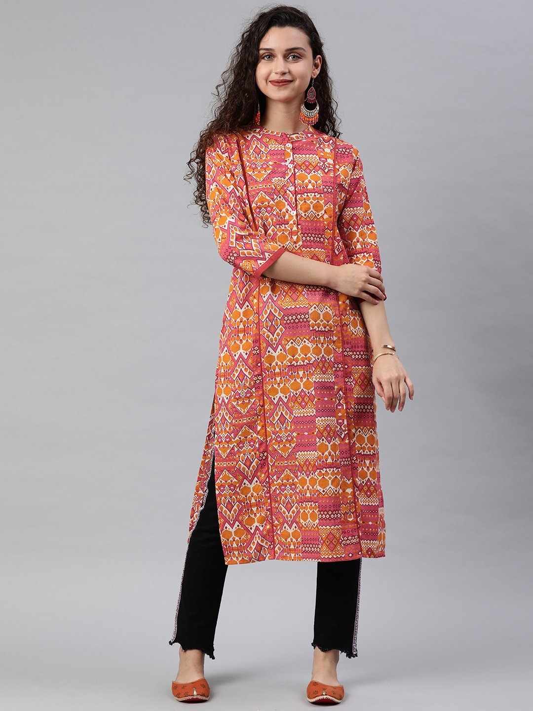 Women's Orange & Pink Printed Straight Kurta - Anubhutee