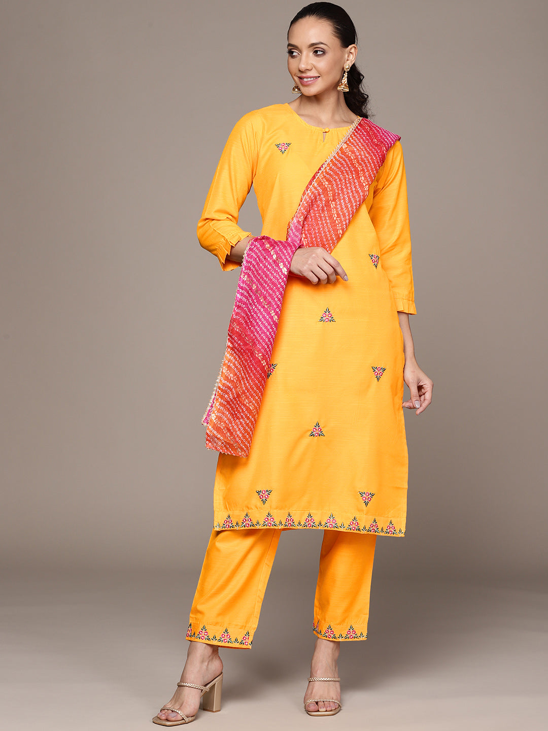 Women's Mustard Ethnic Motifs Embroidered Kurta Set With Trousers And Dupatta  - Anubhutee