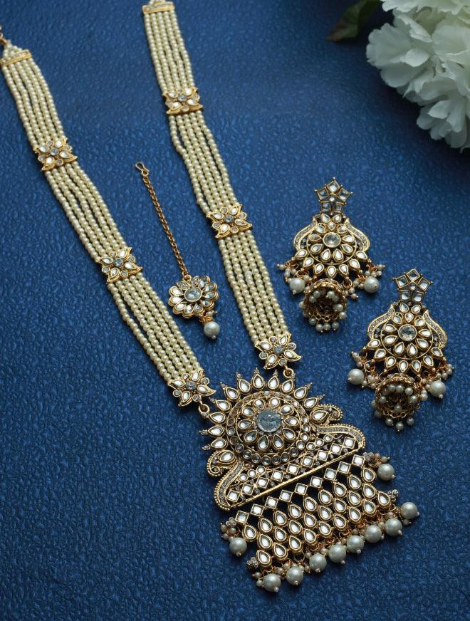 Women's White Coloured Gold-Plated Kundan-Studded & Beaded Handcrafted Jewellery Set - Jazz And Sizzle - Indiakreations