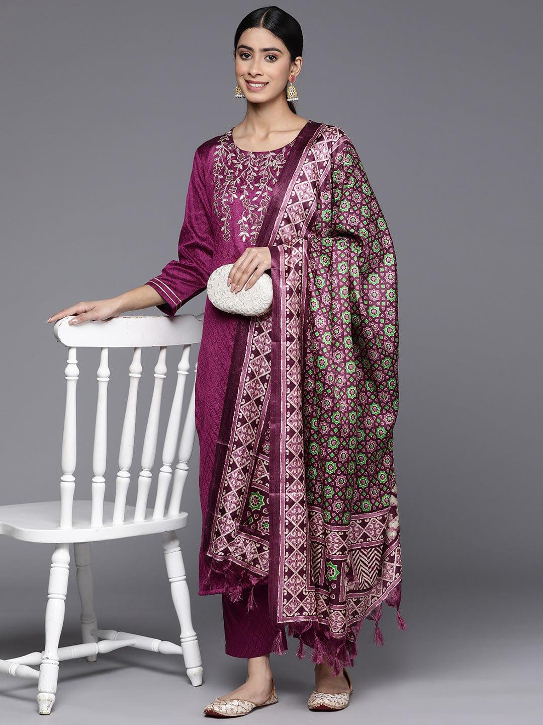 Varanga Floral Embroidered Sequinned Kurta With Trousers & Dupatta - Indiakreations