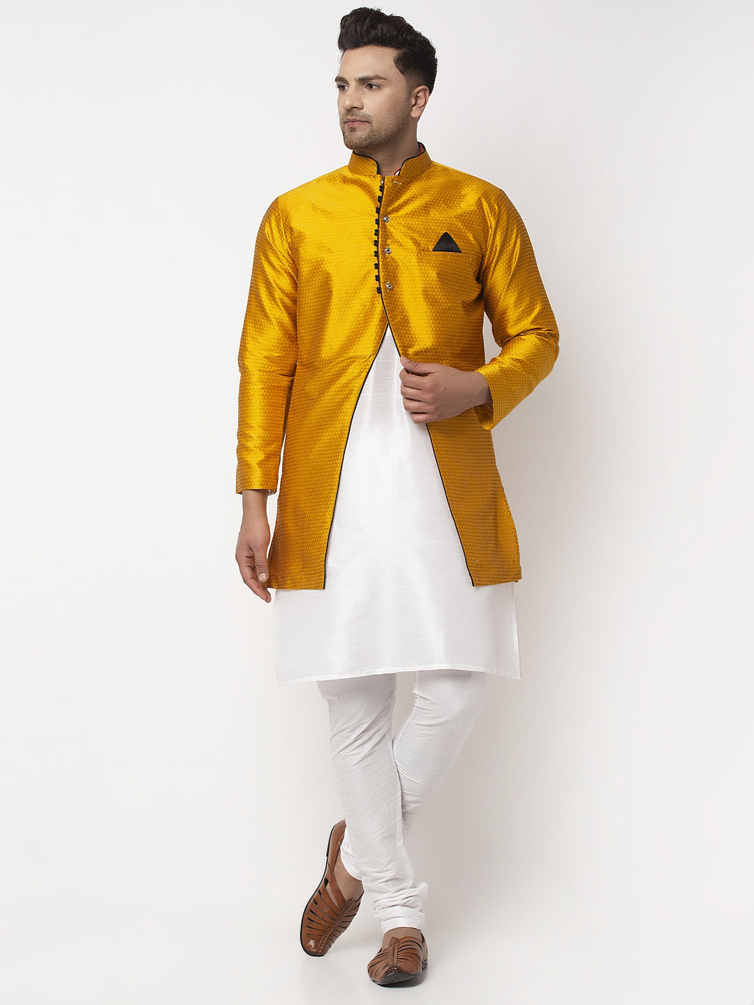 Men's White Kurta With Pyjama & Mustard Self Design Jacket - Benstoke