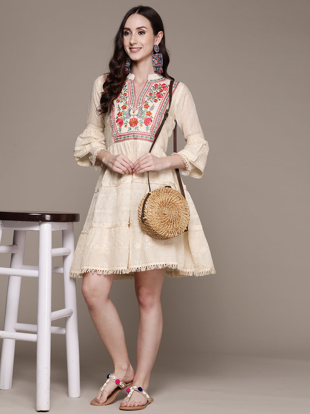 Women's Off White Floral Embroidered Lace Flared Dress - Anubhutee