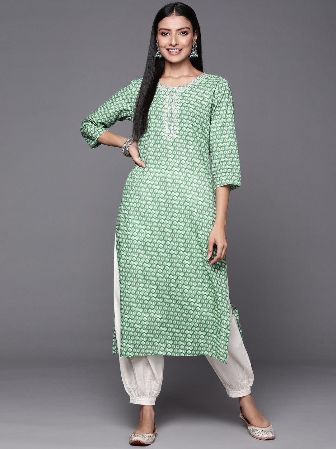 Varanga Women Green Floral Printed Thread Work Floral Kurta - Indiakreations