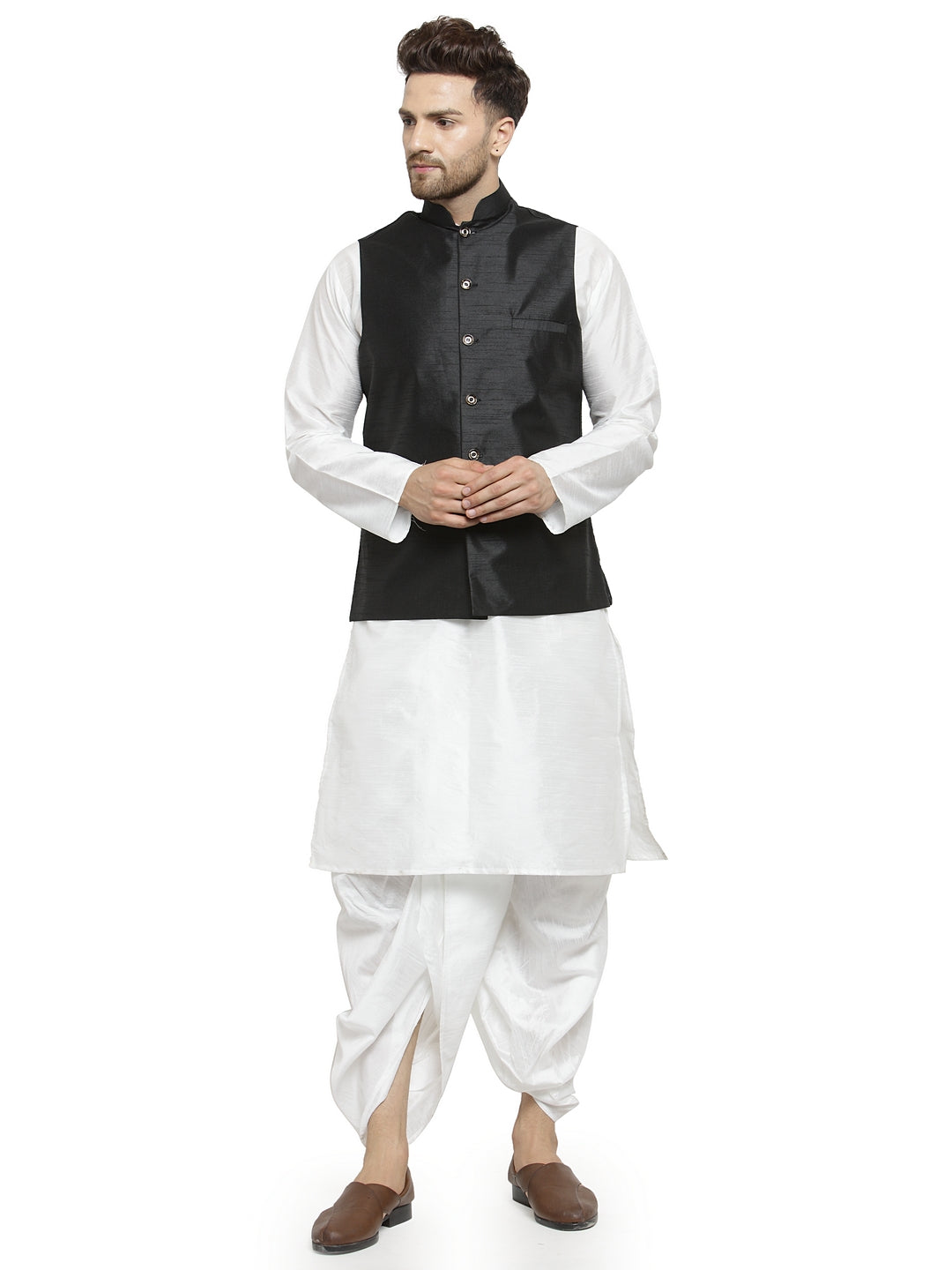 Men's White Kurta With Dhoti & Black Solid Nehru Jacket - Benstoke