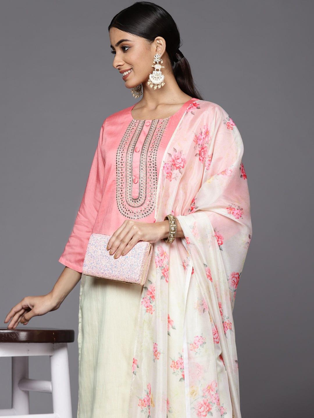 Varanga Women Pink Ombre Printed Sequinned Kurta with Trousers & With Dupatta - Indiakreations