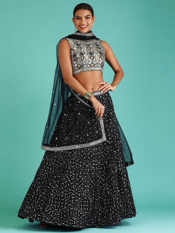 Women's Black Net Sequince Work Lehenga & Blouse, Dupatta - Panchhi