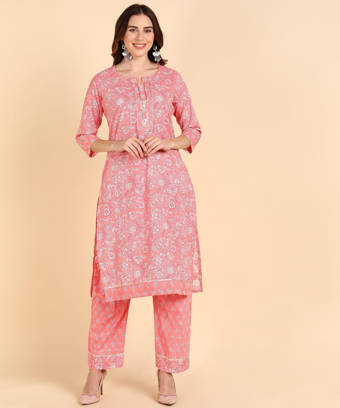 Women's Cotton Peach Printed Kurta With Pant - Noz2Toz - Indiakreations