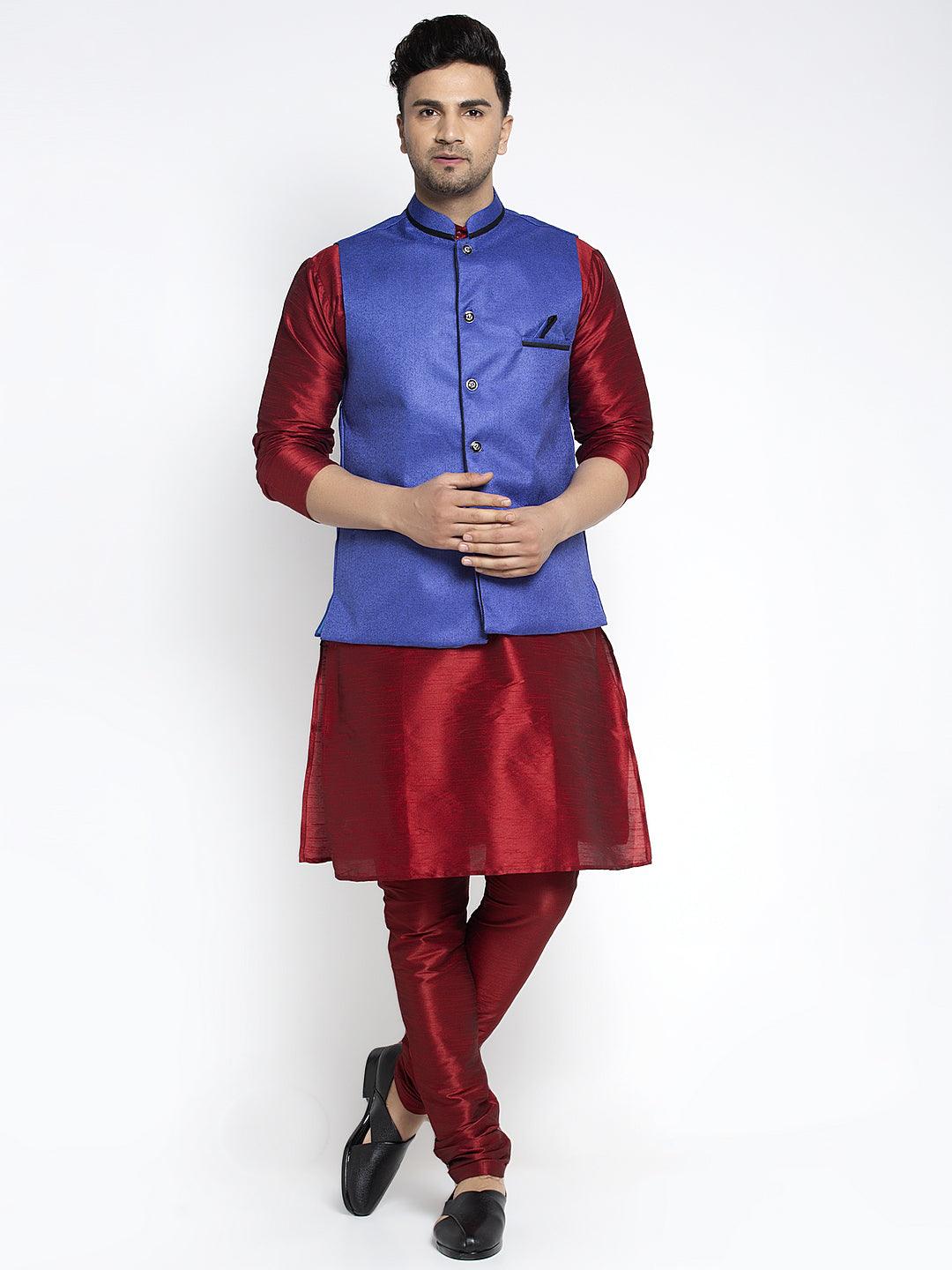 Men's Silk Blend Maroon Kurta With Pyjama & Royal Blue Nehru Jacket - Benstoke - Indiakreations