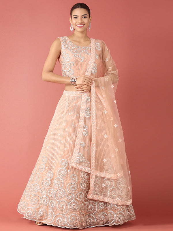 Women's Peach Net Sequinse Work Fully Stitched Lehenga & Stitched Blouse, Dupatta - Panchhi