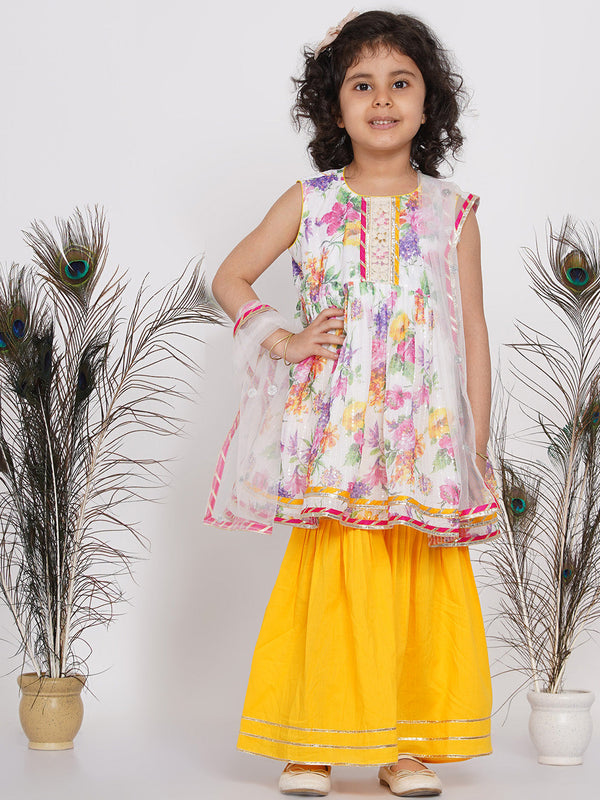 Girl's Floral Sequence Frock Kurta With Lacework And Gota Sharara And Lacework Duppata - White & Yellow - Little Bansi Girls