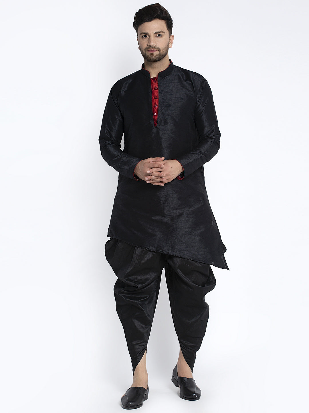 Men's Black Solid Kurta With Dhoti Pant - Benstoke