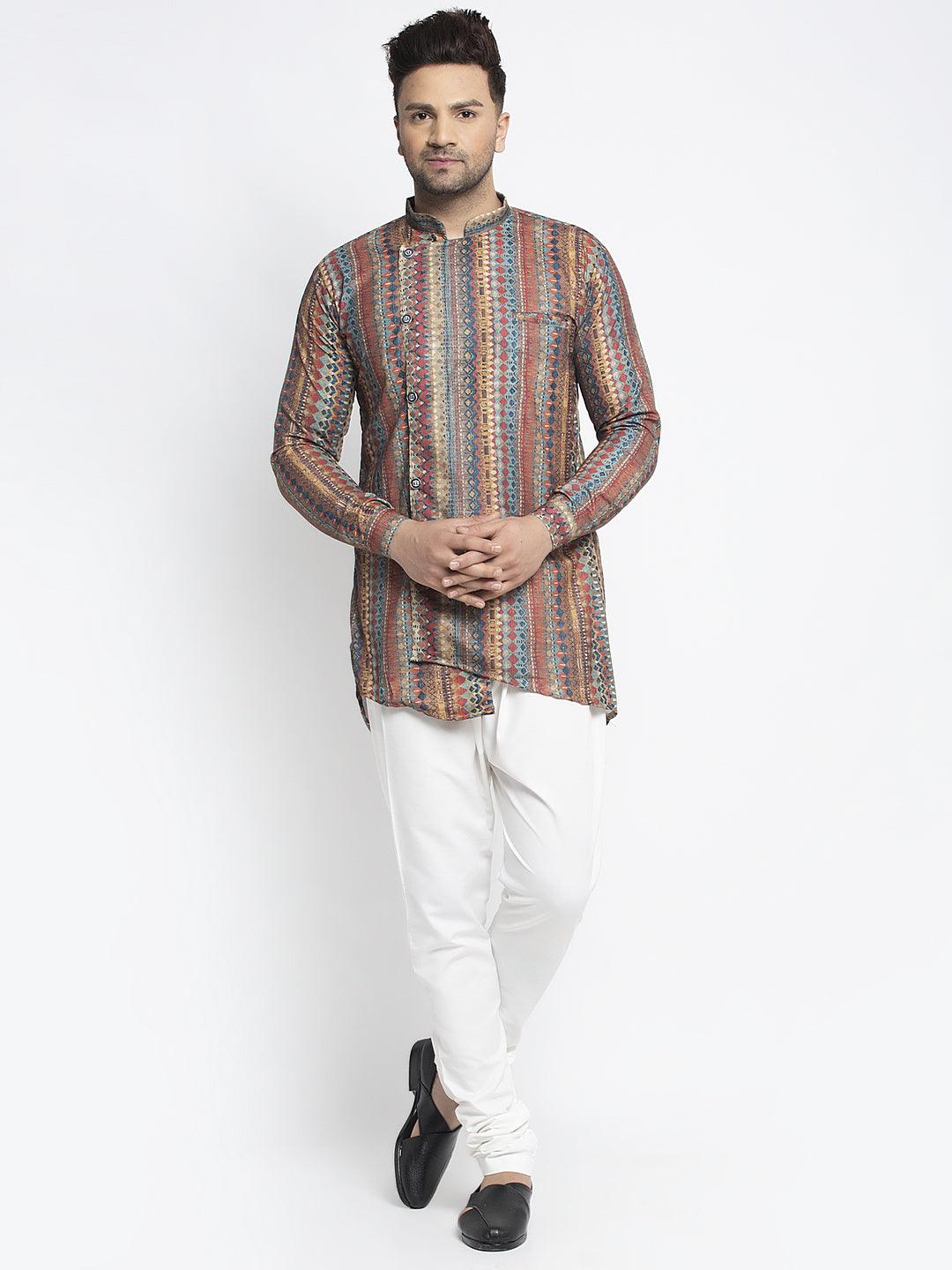 Men's Multicolored Printed Short Kurta With White Pyjama - Benstoke - Indiakreations