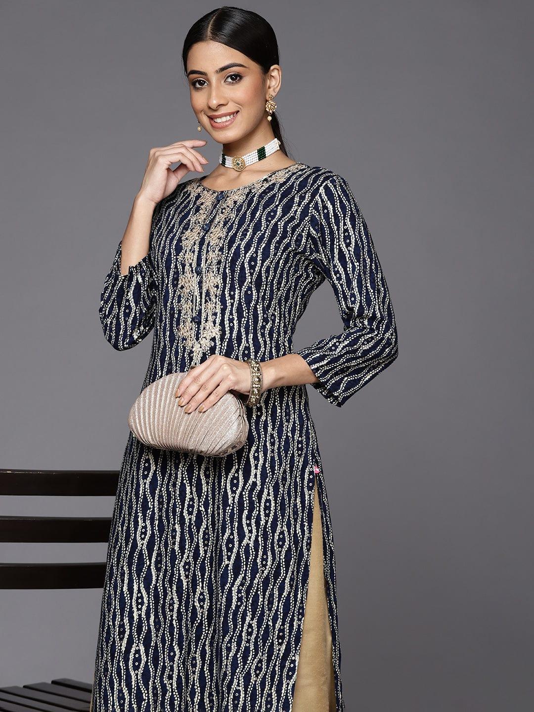 Varanga Women Navy Blue & Cream-Coloured Printed Gotta Patti Indigo Kurta - Indiakreations