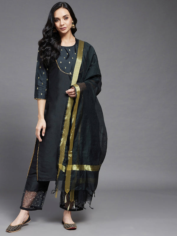 Women's Black Solid Side Slit Straight Kurta Palazzo And Dupatta Set - Azira