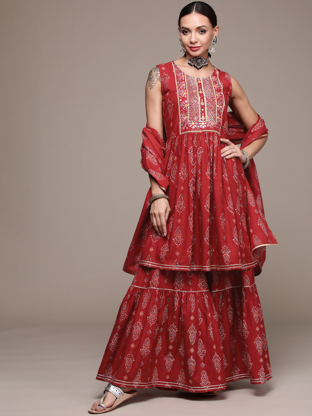 Women's Rust Sequinned Embroidered Printed Kurta Set With Sharara And Dupatta - Anubhutee