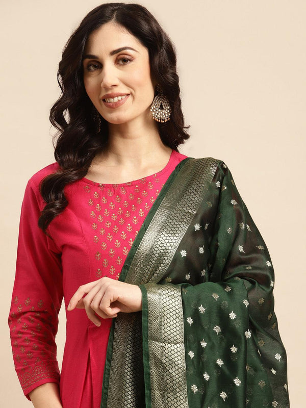 Women's Green Color Ethnic Motifs Woven Design Dupatta With Zari - Varanasi - Indiakreations