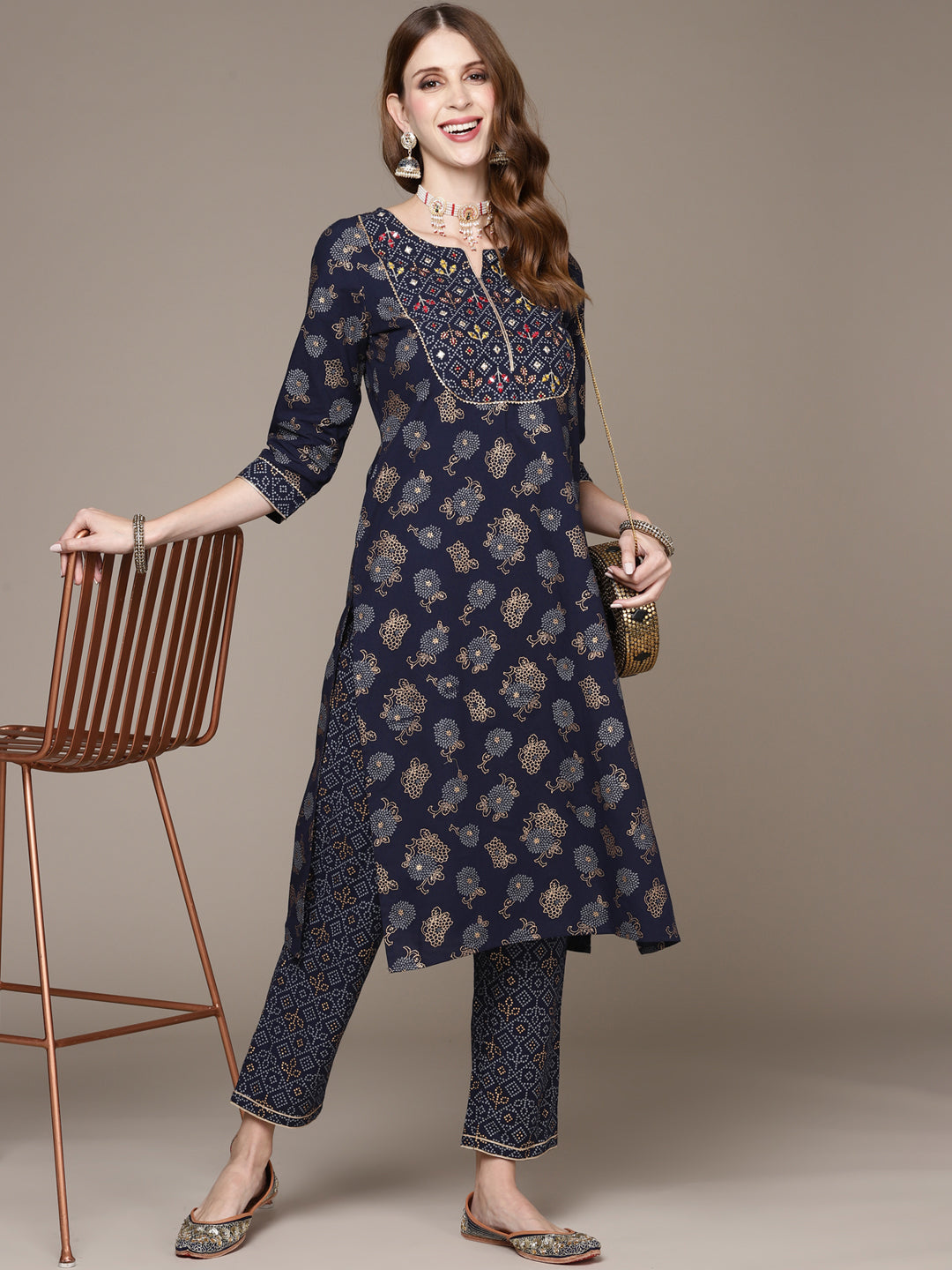 Women's Navy Blue Embroidered Gold Print Kurta Set With Trousers - Anubhutee