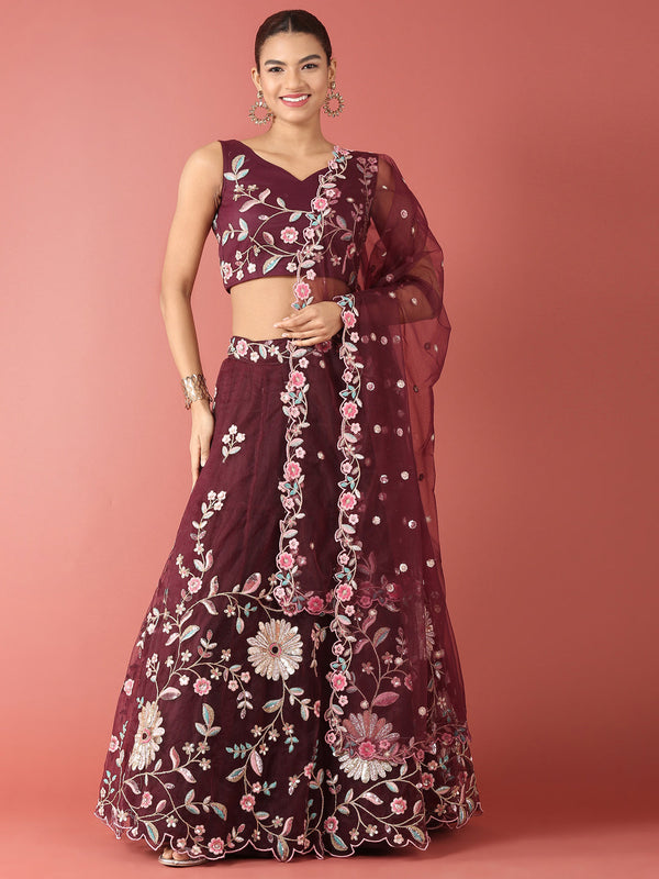 Women's Burgundy Net Sequinse Work Fully Stitched Lehenga & Stitched Blouse, Dupatta - Panchhi