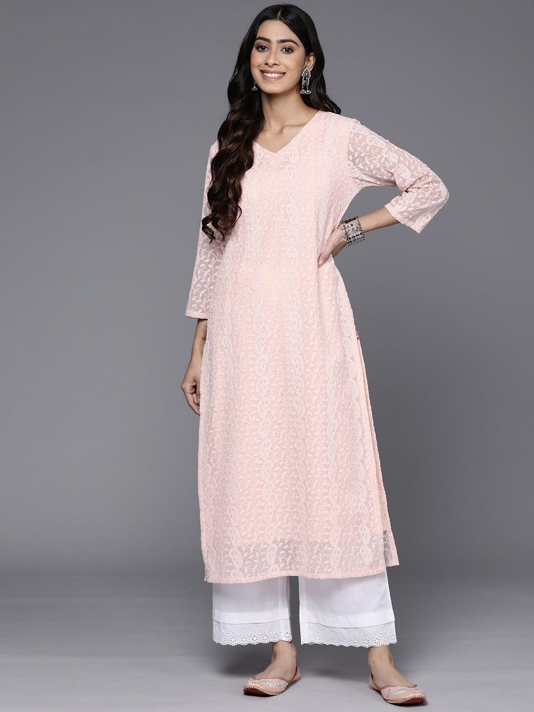 Varanga Paisley Embroidered Pastels Georgette Kurta - Indiakreations