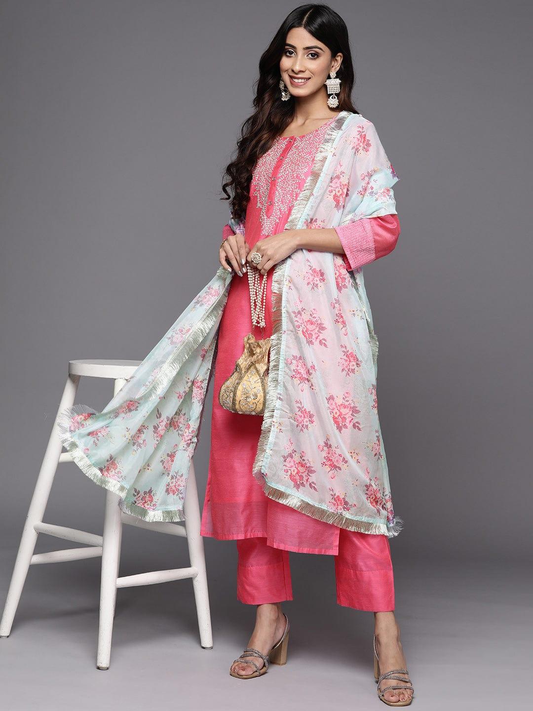 Varanga Women Pink Yoke Design Sequinned Chanderi Silk Kurta with Palazzos & With Dupatta - Indiakreations