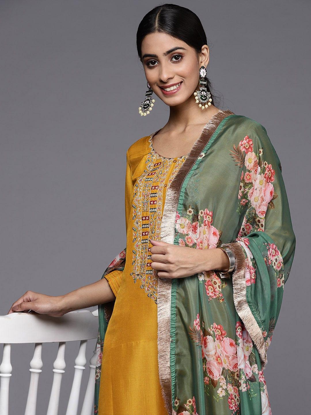 Varanga Women Mustard Yellow Ethnic Motifs Embroidered Kurta with Trousers & Dupatta - Indiakreations