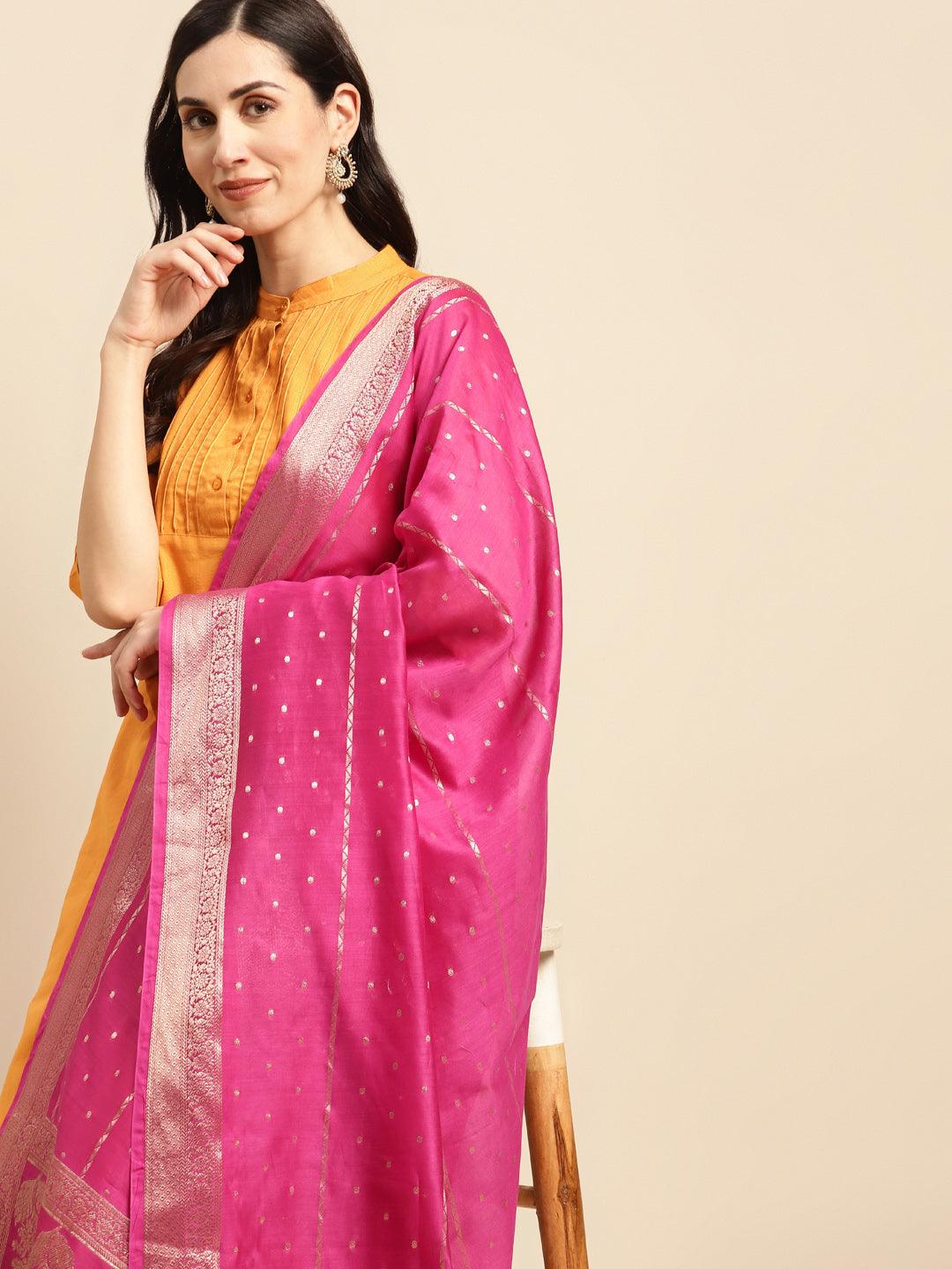 Women's Pink Color Ethnic Motifs Woven Design Dupatta With Zari - Varanasi - Indiakreations