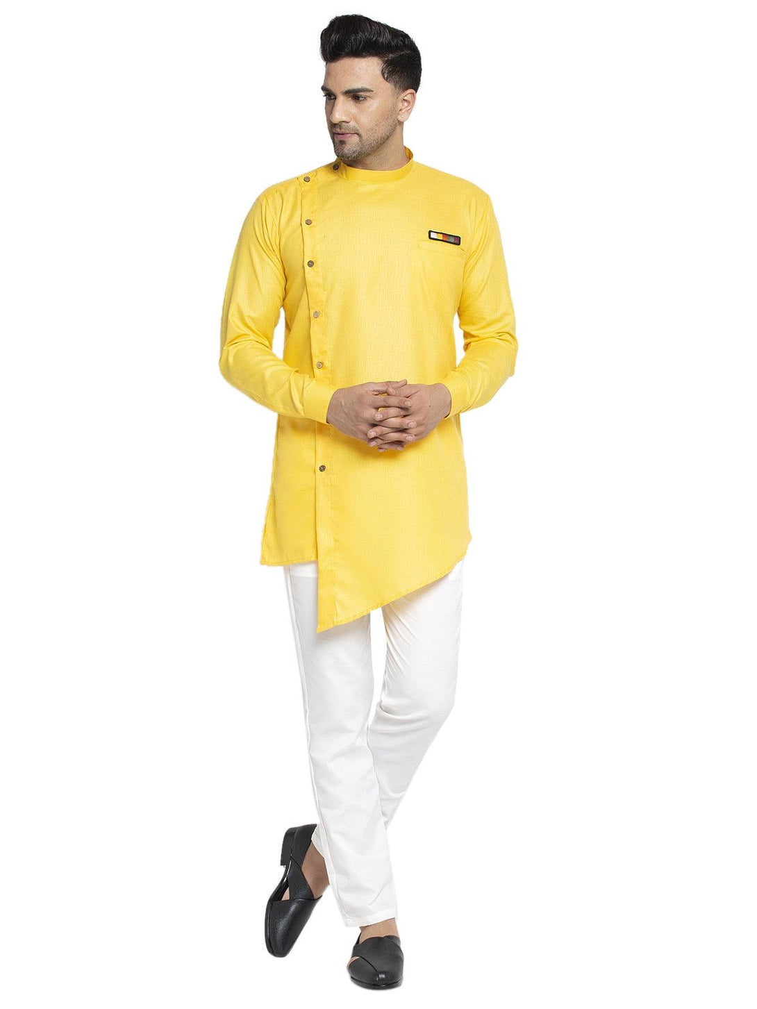 Men's Cotton Yellow Asymmetric Solid Kurta With White Trousers - Benstoke - Indiakreations