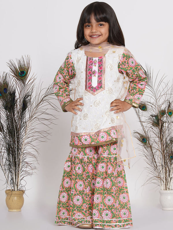 Girl's Bengali Floral Embroidery Kurta With Floral Sharara And Dupatta - Orange Pink & White - Little Bansi Girls