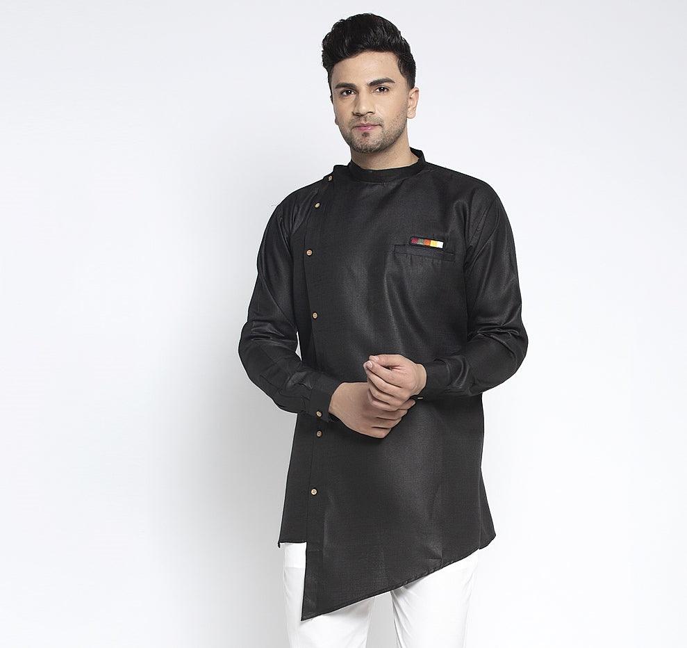 Men's Black Solid Short Kurta - Benstoke - Indiakreations